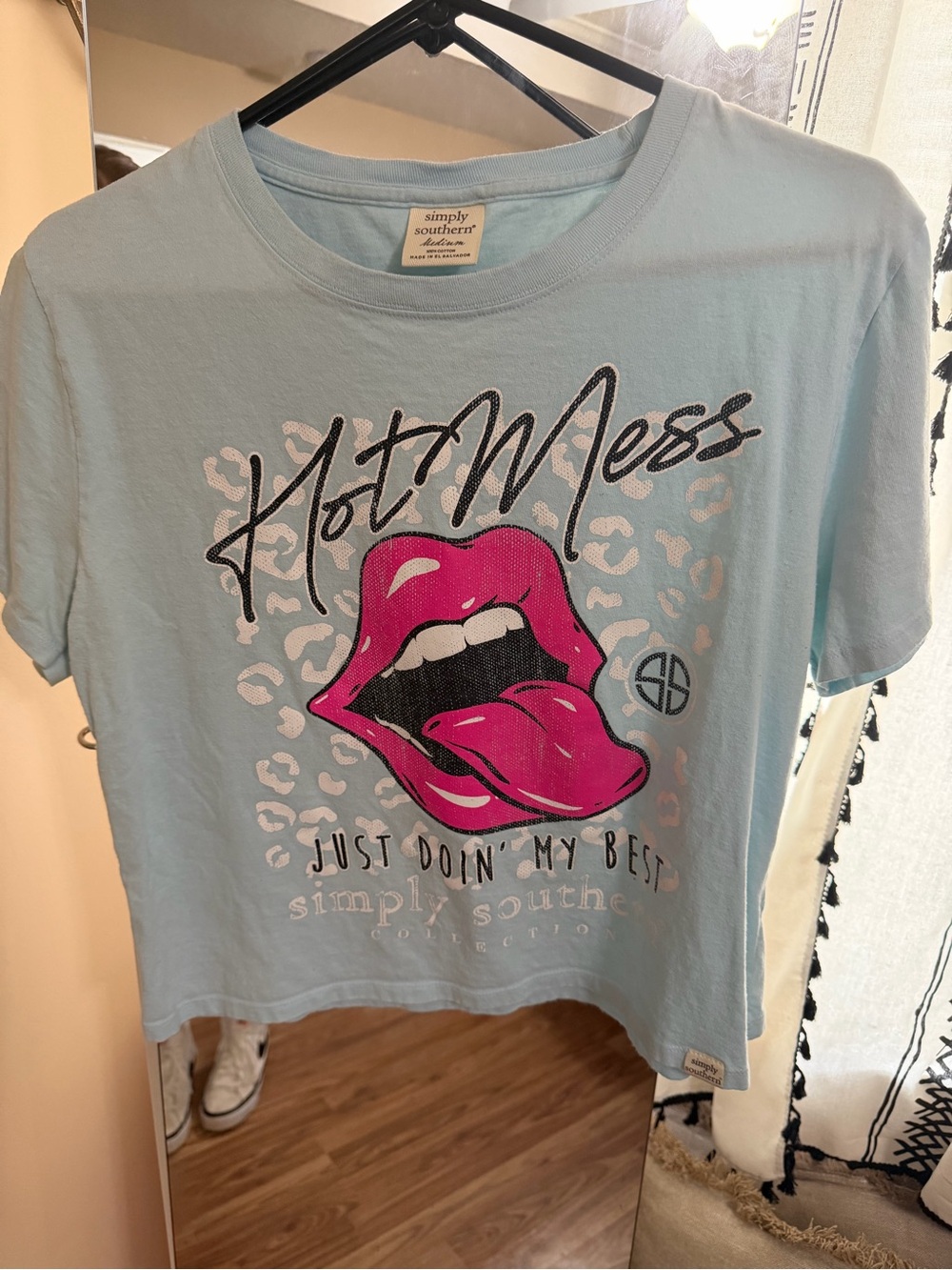 Simply Southern Light Blue Hot Mess Graphic Tee with Hot Pink Lip Design